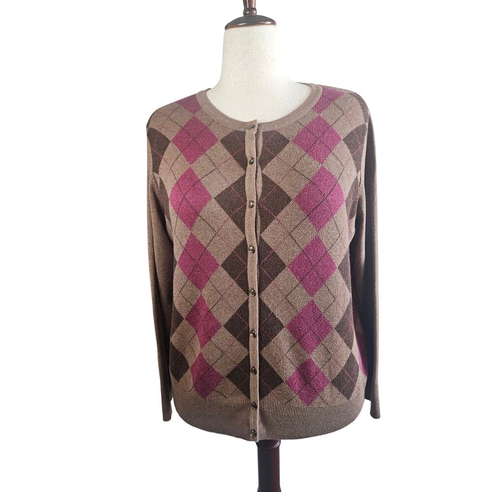 Croft & Barrow Women's 1X Argyle Cardigan Sweater Taupe, Pink, Brown Preppy